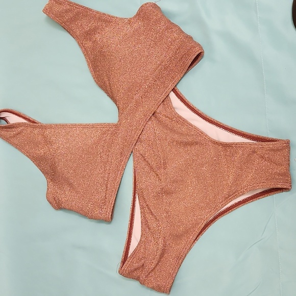 SHEIN Swim Shein Deep V Rose Gold Metallic Glitter Bikini Set Size